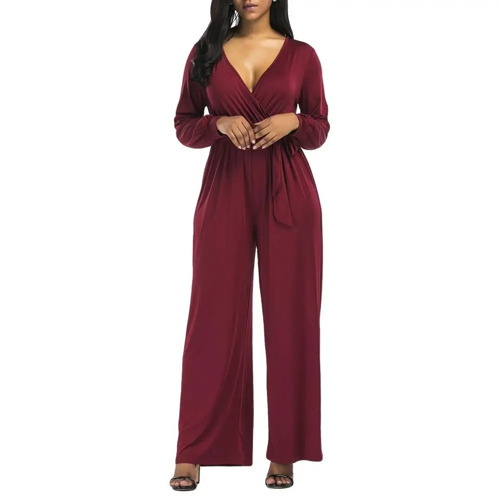 Комбинезон женский стрейчевый однотонный с длинным рукавом и V образным вырезом|