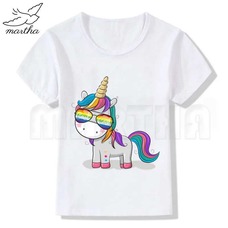 Милая детская белая футболка с изображением единорога одежда короткими рукавами