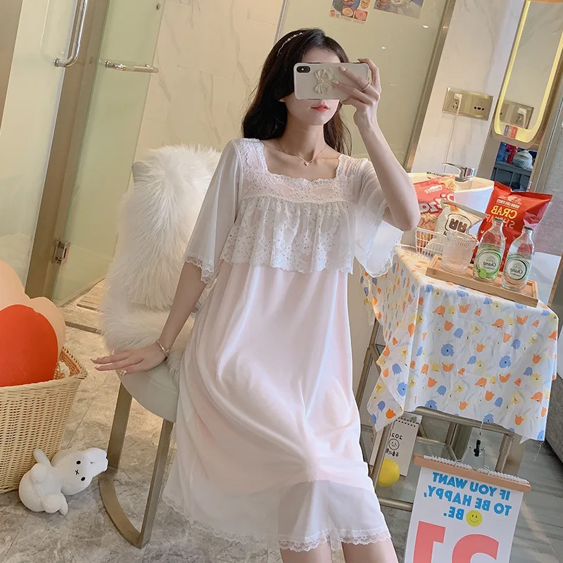 Gauze Princess Nightdress Women's Summer Short Sleeve Fashion Fresh Nightgown Sexy Home Skirt Nightwear Autumn Female Sleepwear