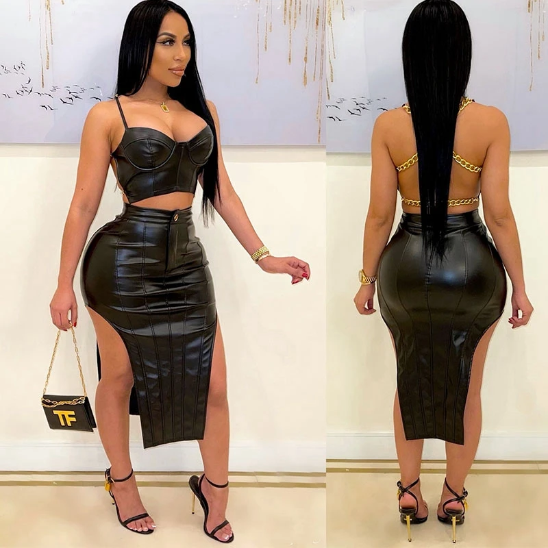 

Черный сексуальный женский комплект из двух предметов с юбкой из искусственной кожи с цепочкой сзади спагетти топ на бретельках и облегающ...