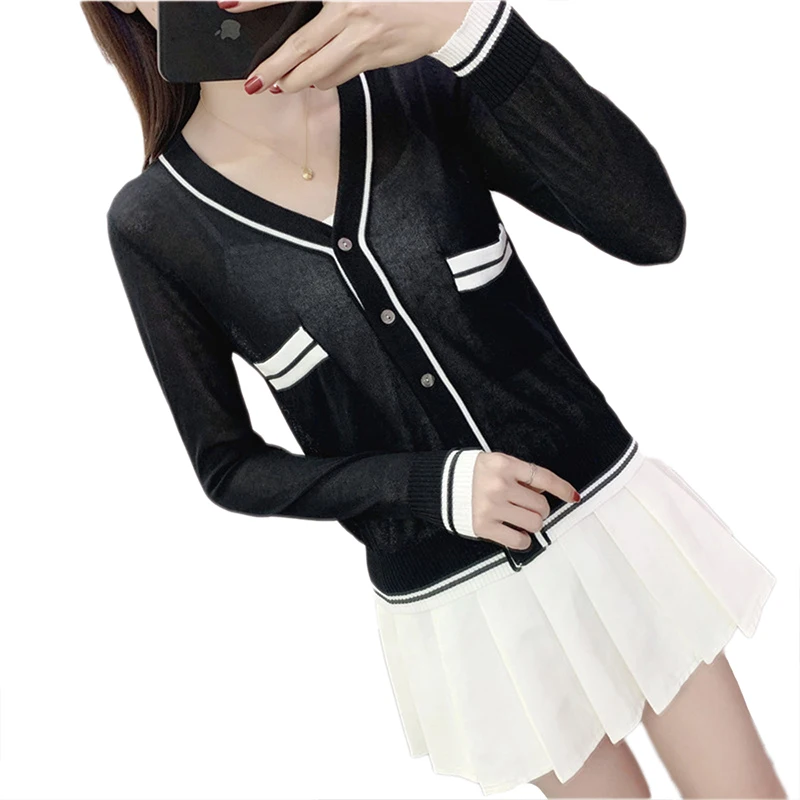 

CN 2021 Spring Autumn Woman Sweaters Fashion V Neck Long Sleeve Short Cardigan Knitted Casual Single Breasted Sweaters Women