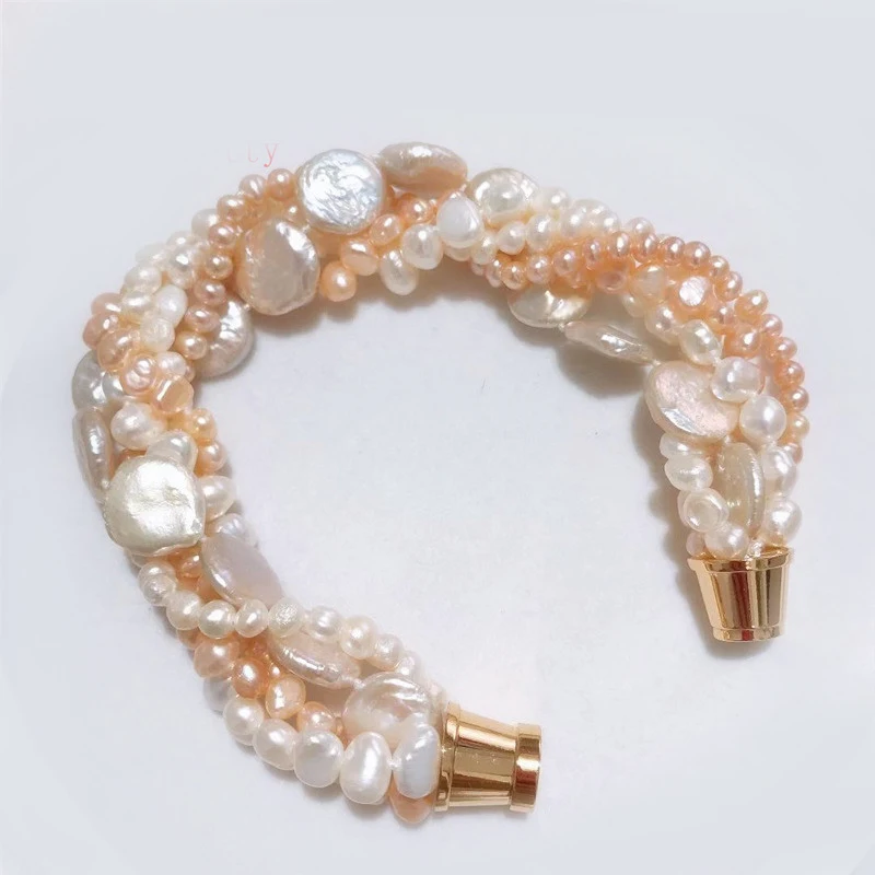 

New 5 strands of natural freshwater irregular 4-6MM pearl 11-13MM cion pearl natural bracelet magnet clasp