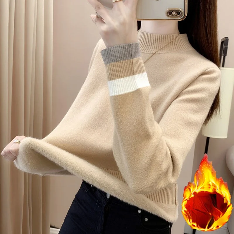 

Женские зимние свитера, однотонное термобелье с круглым вырезом, джемперы, толстые теплые бархатные Пуловеры, свитеры для женщин, зима 2021, ...