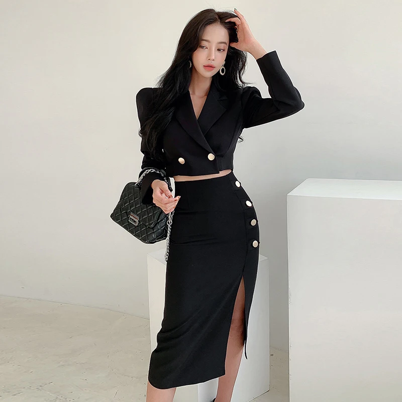 

new arrival fashion spring black set women OL professional temperament black short coat and split midi skirt slim skirt suits