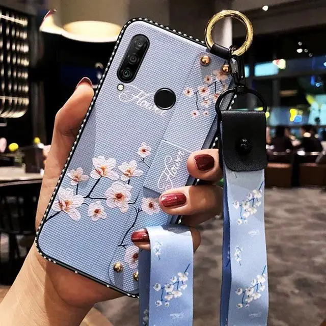 Чехол с ремешком на запястье для huawei Y5 Y6 Y7 Y9 Prime P Smart Plus, винтажный держатель с цветочным узором, чехол с ремешком Caqa - Цвет: Blue