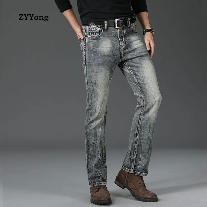 Retro Flared Jeans Men's Boot Cut Slightly Flare Slim Retro Blue High Quality Stretch Slim Classic Casual Pants Gray Trousers