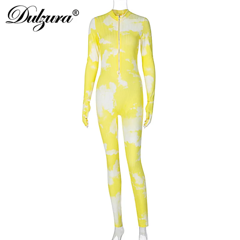 

Dulzura Tie Dye Stripe Knitted Women Zipper Jumpsuit Long Sleeve Gloves Bodycon Sexy Streetwear Autumn Winter Sporty One Pieces