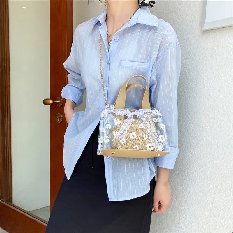 

2PCS New Small Flower Ribbon Straw Women Crossbody Bags Designer Transparent Jelly Female Composite Bag Summer Fashion Handbags