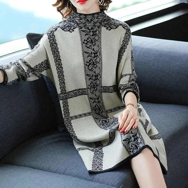 

Women Knitting Flower Printed Sweater 2023 New O-Neck Loose Knee-Length Sweaters For Office Lady High Quality Oversize
