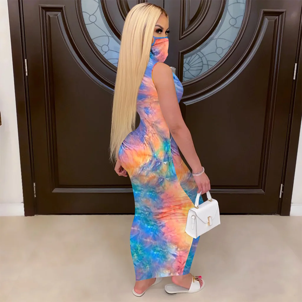 

Tie Dye Print Dress Women Sleeveless Tank Long Maxi Dress Bodycon Summer Soft Party Dress Sundress 2020 New Fashion