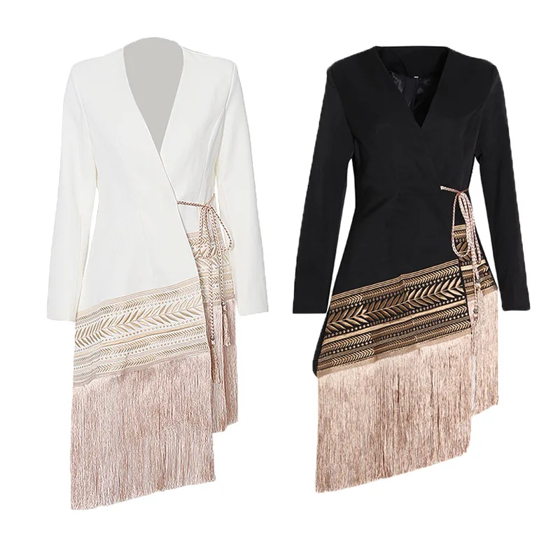 

2021 Spring New Chic Embroidery Tassel Bandage Blazers Fashion Irregular Design Jacket Women Temperament Office Lady Woman Tops