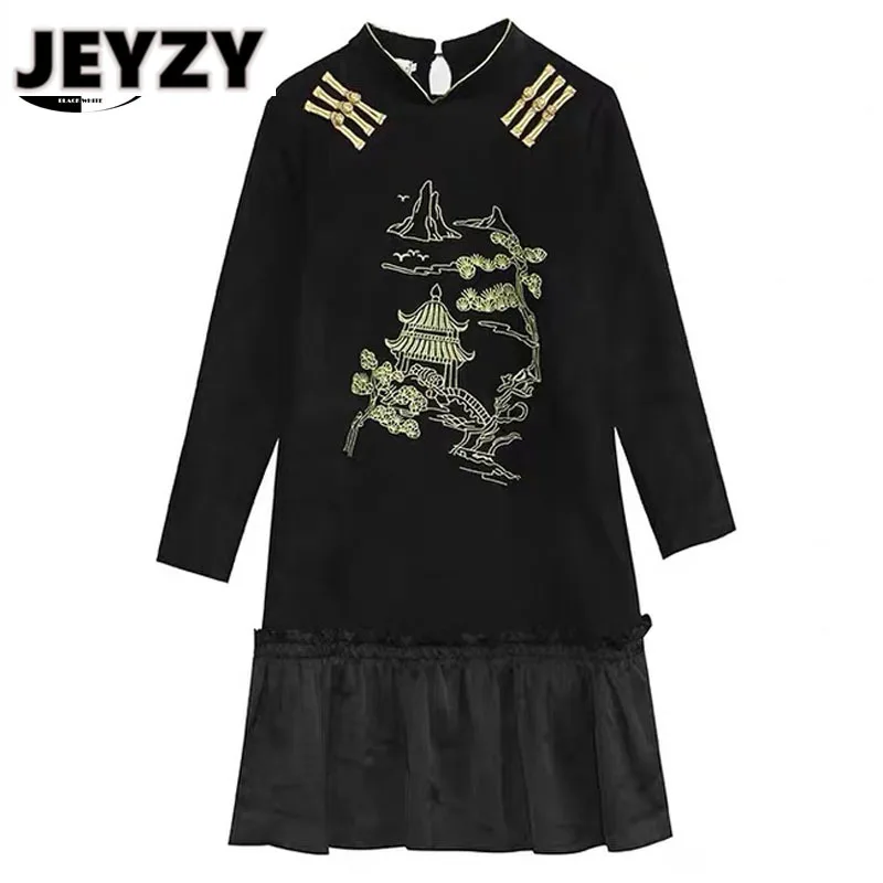 

Vintage Loose Midi Dress Chinese Clothes Retro Autumn Long Sleeve Women Ruffles Black Elegant Oversized Plus Size Dresses Female