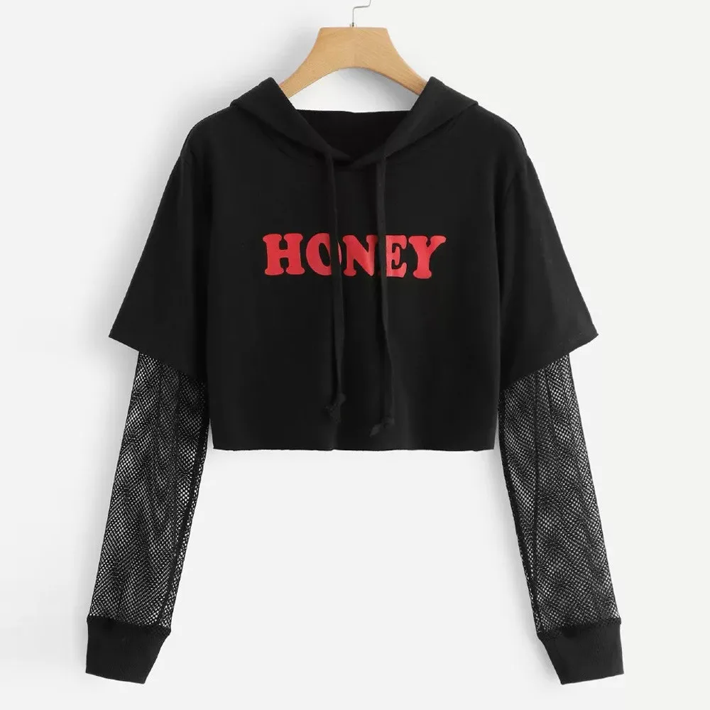 

Womens Letters Mesh Long Sleeve Hoodie Sweatshirt Pullover Blouse Fashion casual fake two short sweater sudaderas