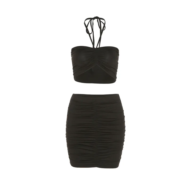 

Women Sexy Two-piece Clothes Set Summer Outfit Women Matching Sets Solid Color Halter Neck Crop Tops And Mini Skirt