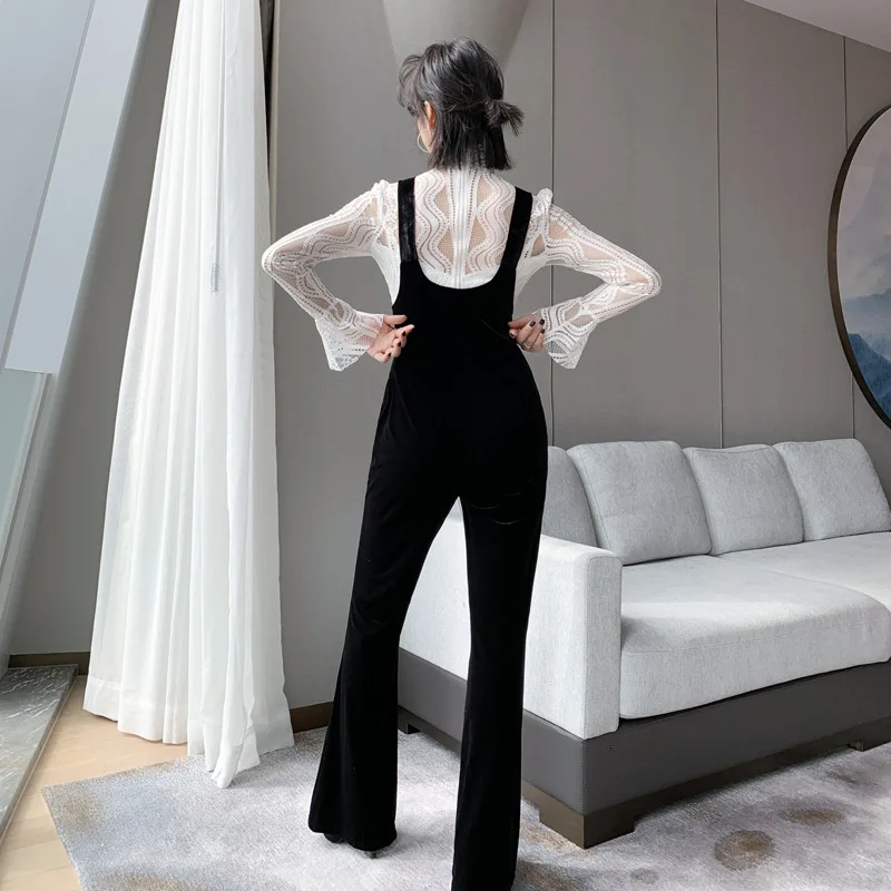 Женский элегантный черный бархатный комбинезон Длинные Комбинезоны сексуальные