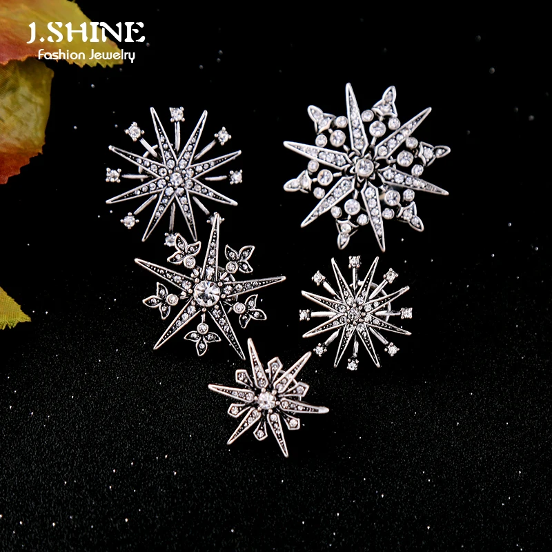

J.Shine 5Pcs/Set Snowflake Star Crystal Brooches For Women Charming Brand Collar Coat Badge Pins Fashion Jewelry Accessories