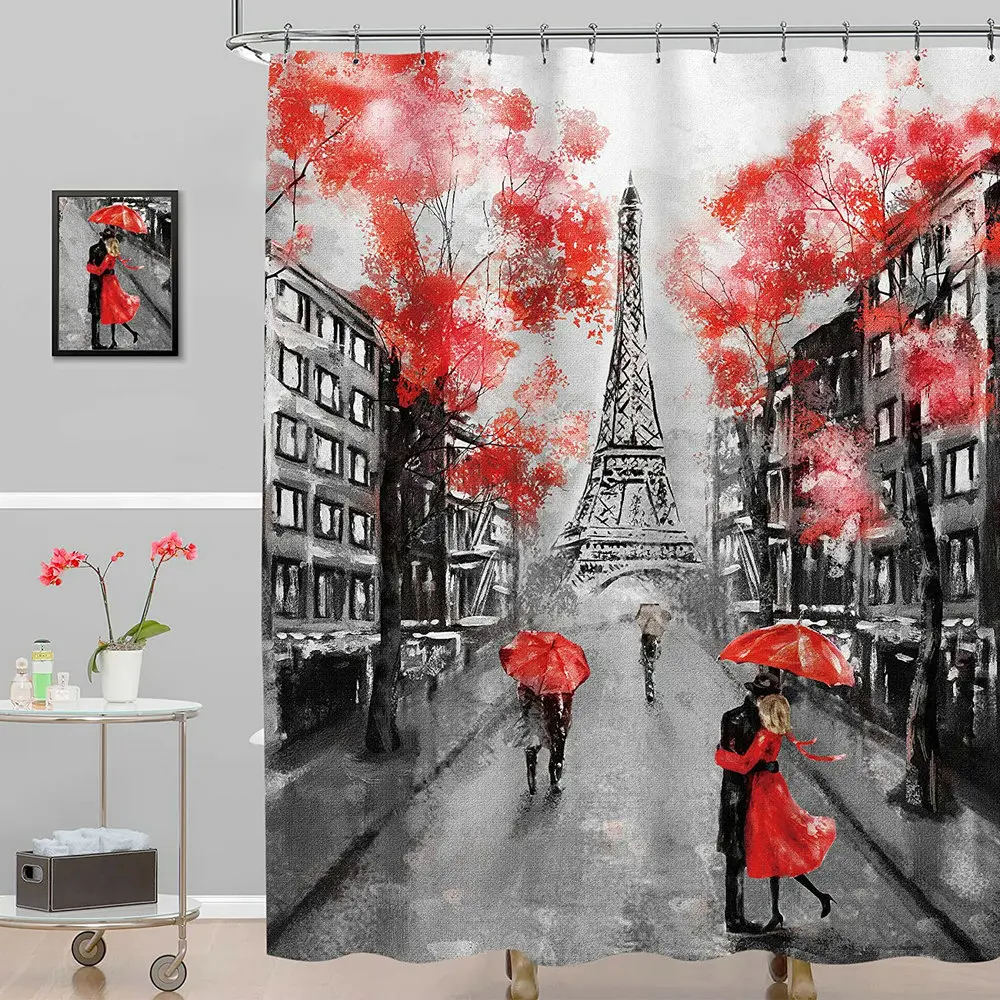 

Oil Painting Paris Shower Curtains Tower Lovers Couple Romantic Scenery European Modern France Waterproof Bathroom Home Decor