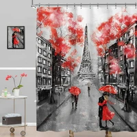 oil painting paris shower curtains tower lovers couple romantic scenery european modern france waterproof bathroom home decor