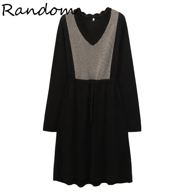 

Knit Plaid Patchwork Dress Female Vintage Black Cloth O Neck Long Sleeve Vestidos Mujer 2021 Winter Party Knee Dresses For Woman