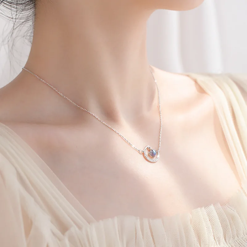 

925 Sterling Silver Moonstone Round Moon Charm Necklaces & Pendants For Women Party Choker dz655