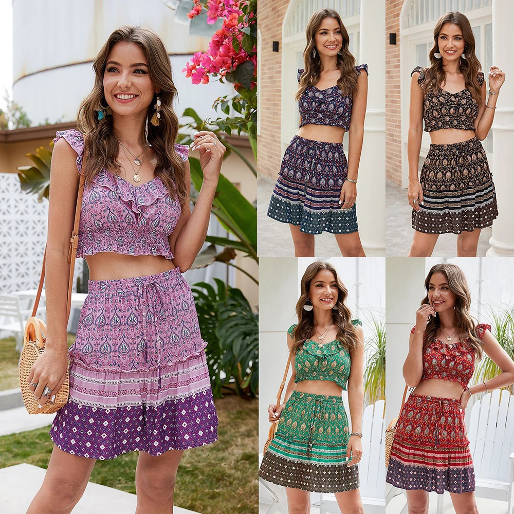 

Summer Women's Vest + Short Skirt Suit 2021 New Fashion Casual Printed V-Neck Sling Bohemian Beach Vacation Two-Piece Set