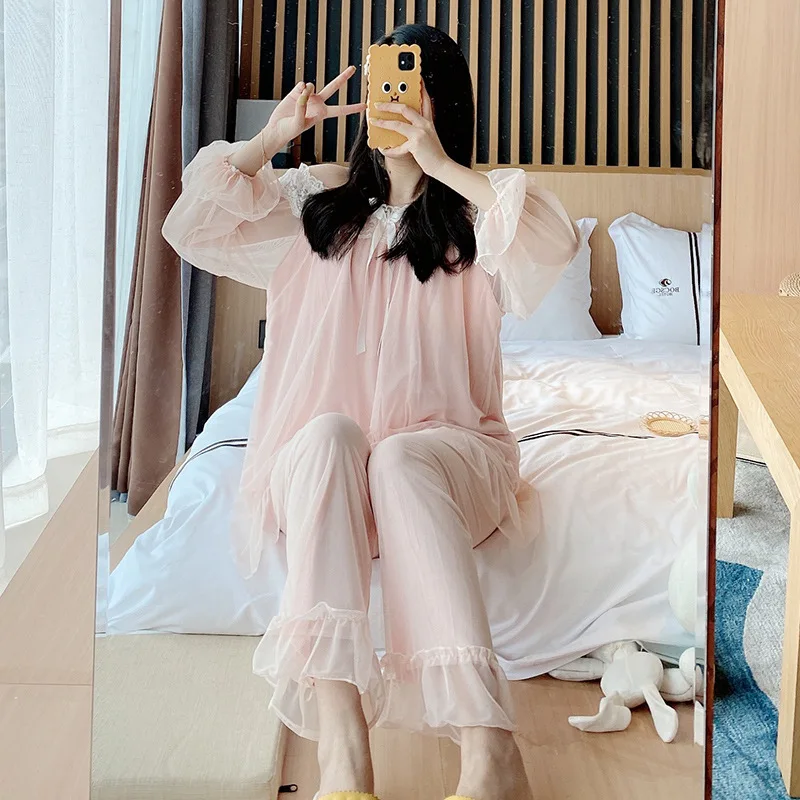 

2020 New Lace Pajama Set Women with Chest Pad Cotton Floral Long Sleeve Pant Sleepwear Set Pajama Sets Girl Cute Homewear Nighty