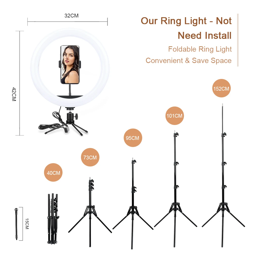 

LED Photography Dimmable 12inch Ring Light Makeup Led Fill Light Lamp For Live Stream Video With Phone Holder Tripod USB Plug