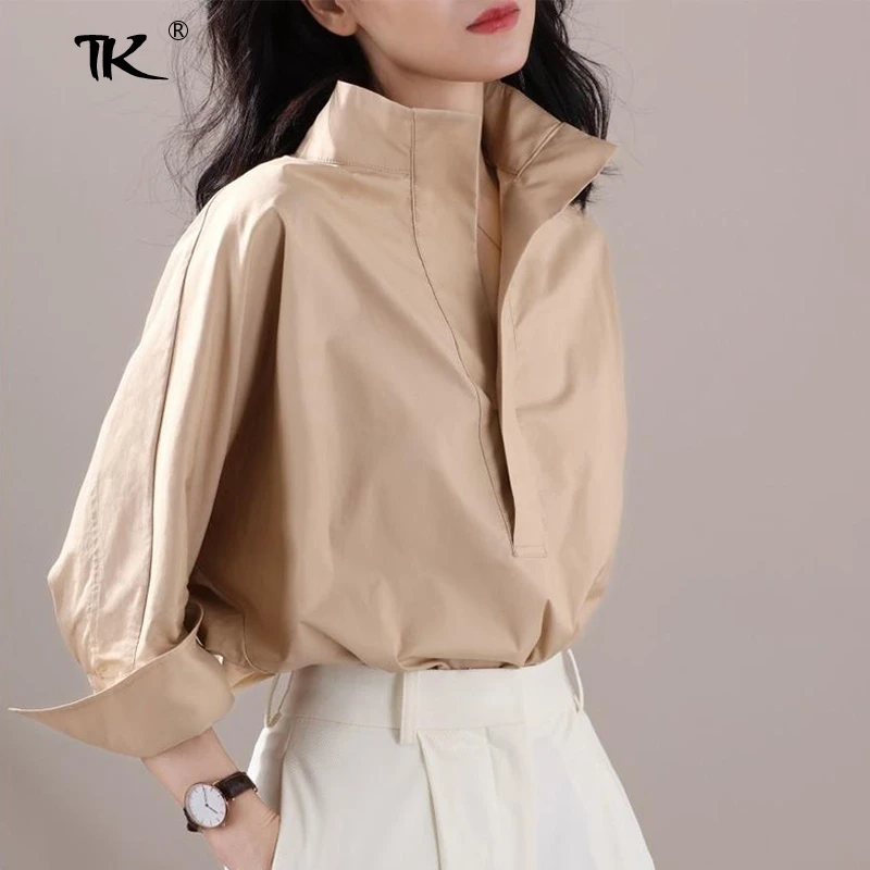 

Three Quarter Stand Collar Women's Blouse Spring Solid Loose Female Tops 2021 Summer New Fashion Elegant Loose Ladies Clothes