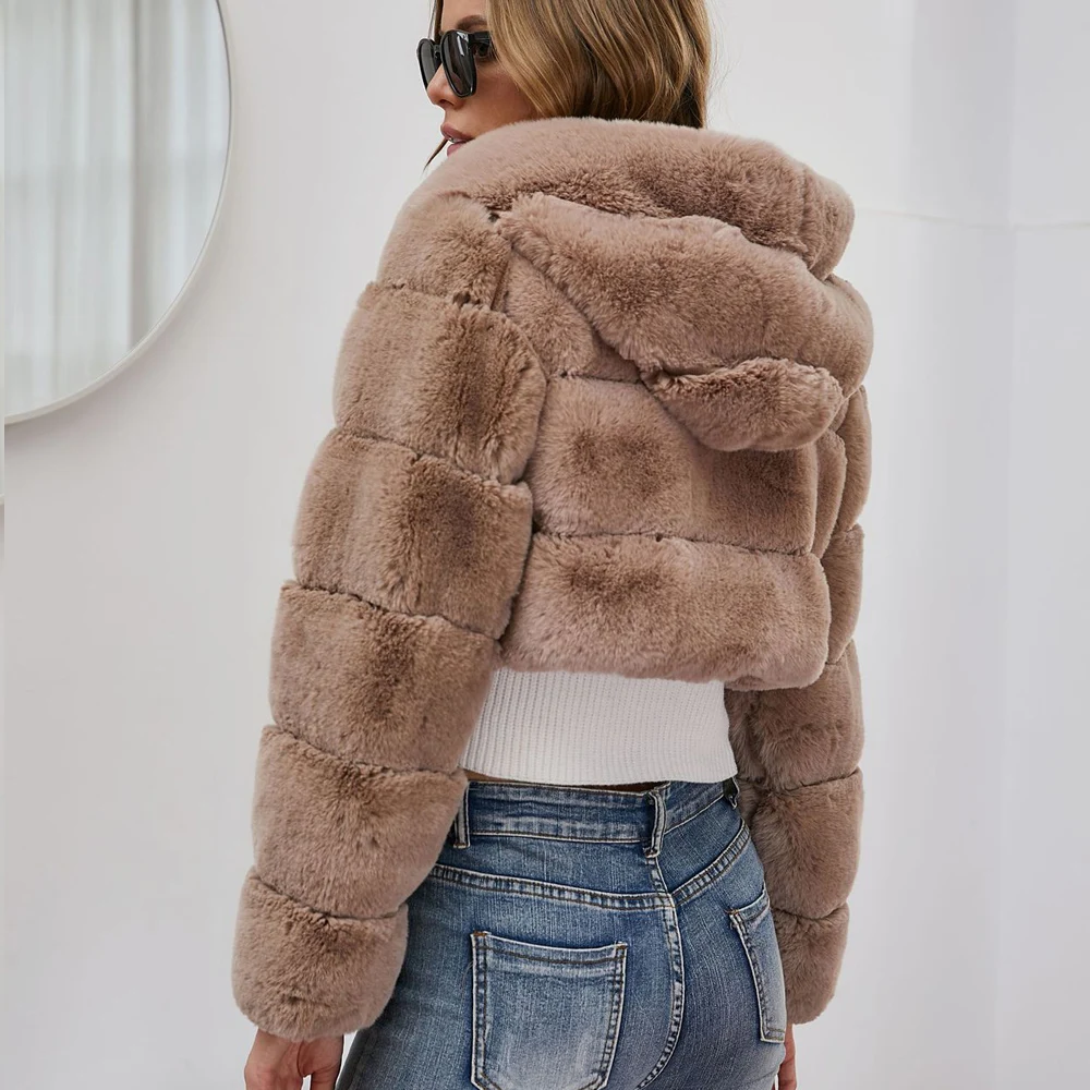 High Quality Furry Cropped Faux Fur Coats Short Jackets Women Fluffy Top Coat With Hooded Winter Luxury Fur Jacket Manteau Femme