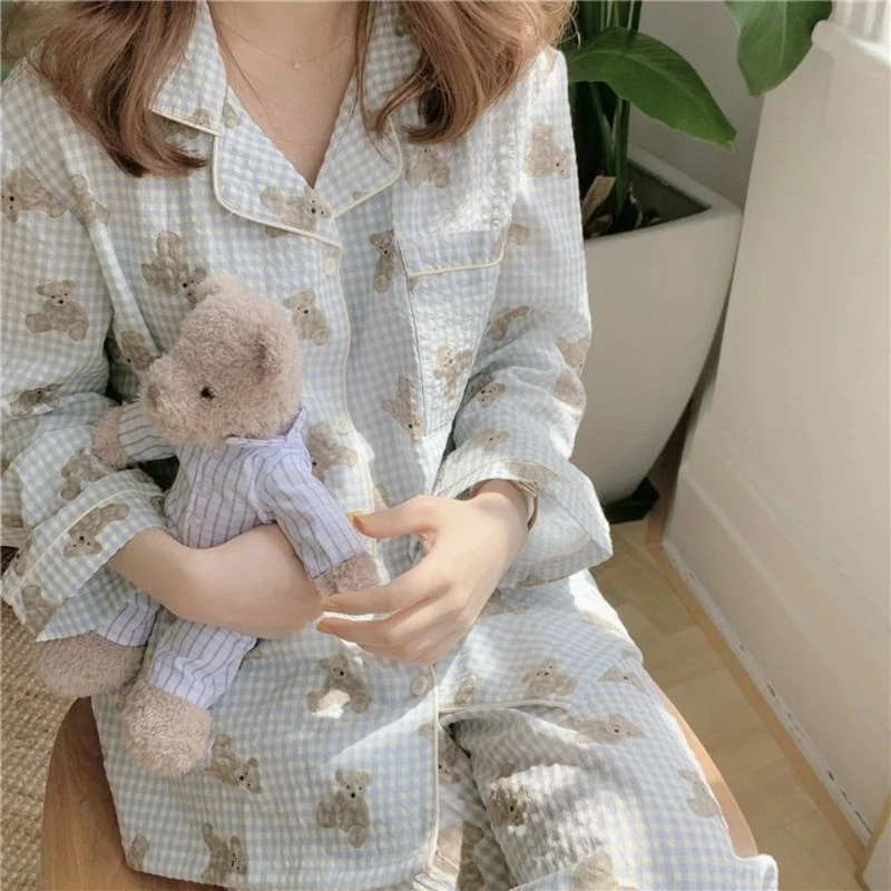 QWEEK Cotton Pajamas for Women Kawaii Bear Print Pijamas Autumn Sleepwear Korean Pyjamas Female Set 2 Piece Loungwear Homewear