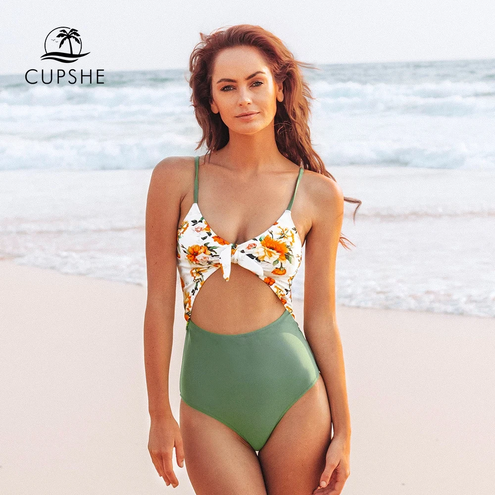 Зеленый слитный купальник CUPSHE с цветочным узелком пикантный женский монокини