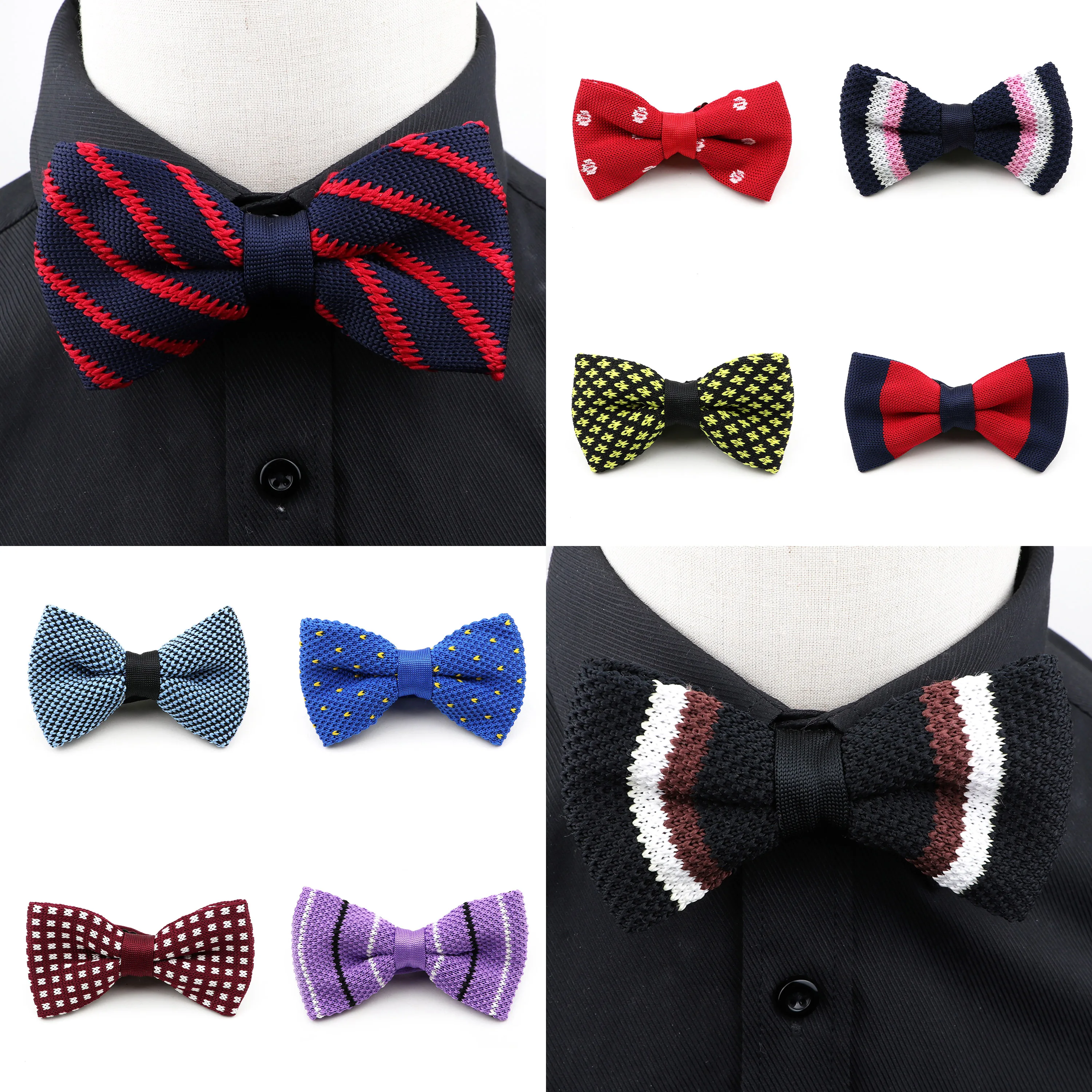 

Мужской вязаный галстук-бабочка в горошек, в полоску