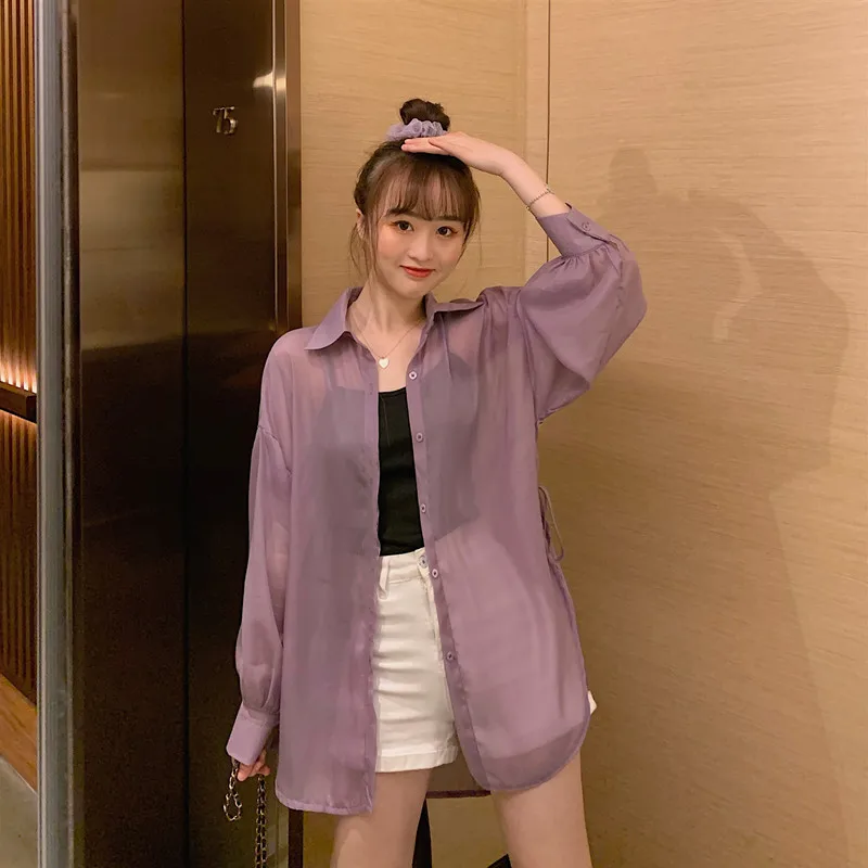 

2021 Women Holiday Transparent Boyfriend Candy Colors Shirts Thin Sunscreen Shirt Summer Autumn Loose Split Ties Long Blouses