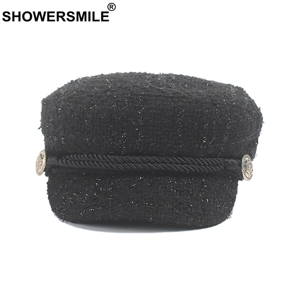 SHOWERSMILE/черная модная твидовая шляпа в стиле милитари Женская шапка моряка Сезон