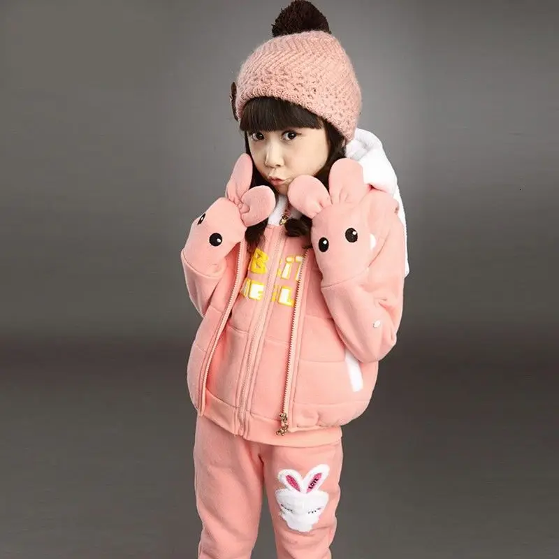 Новое модное милое пуховое костюм из трех предметов для девочек одежда детей
