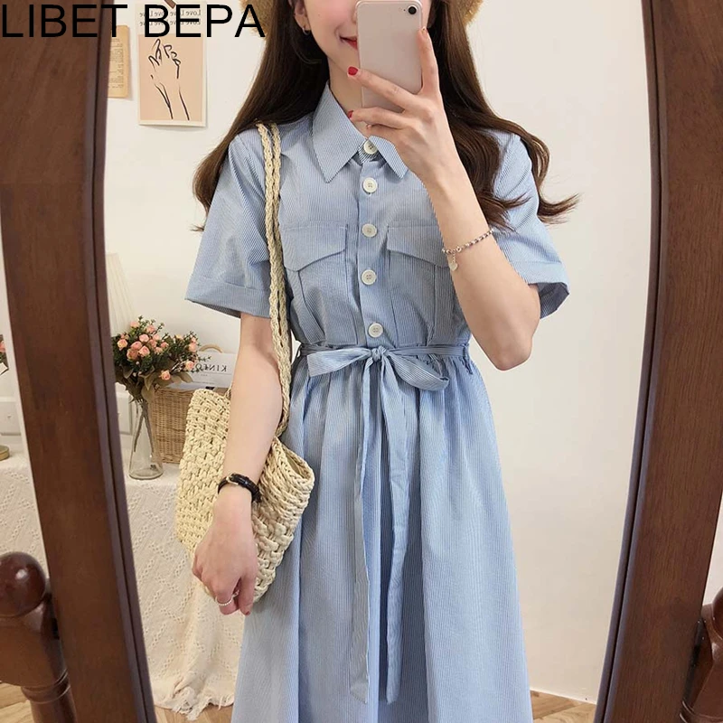 Женское однобортное платье рубашка в полоску с высокой талией завязкой бантом и