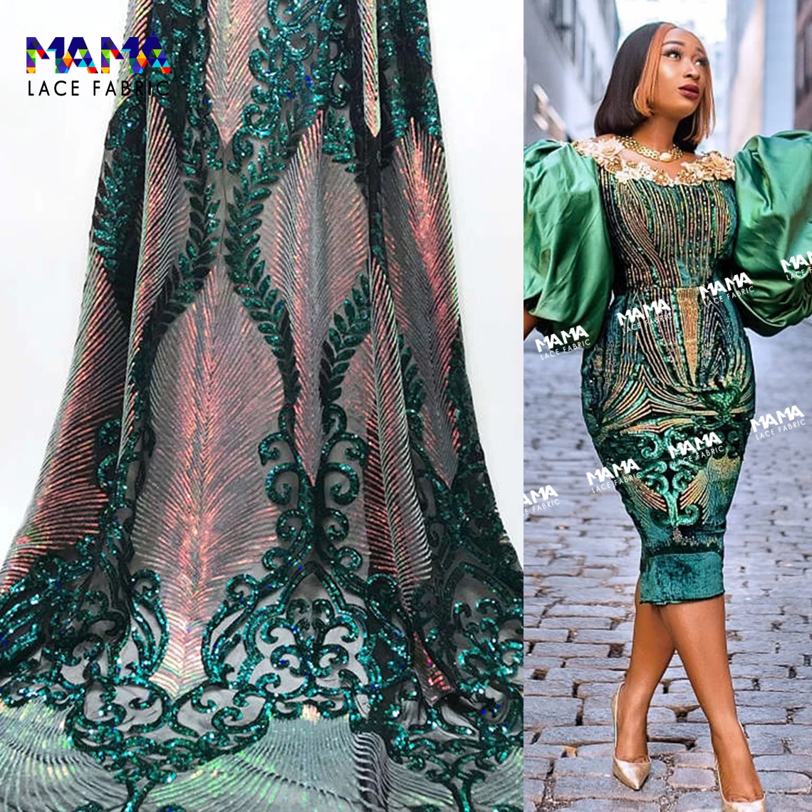 5 Yards Green Color African Indian Gradient Sequins Net Lace Fabrics Guinea Gold Sequined Mesh Wedding Bride Dress DIY Material