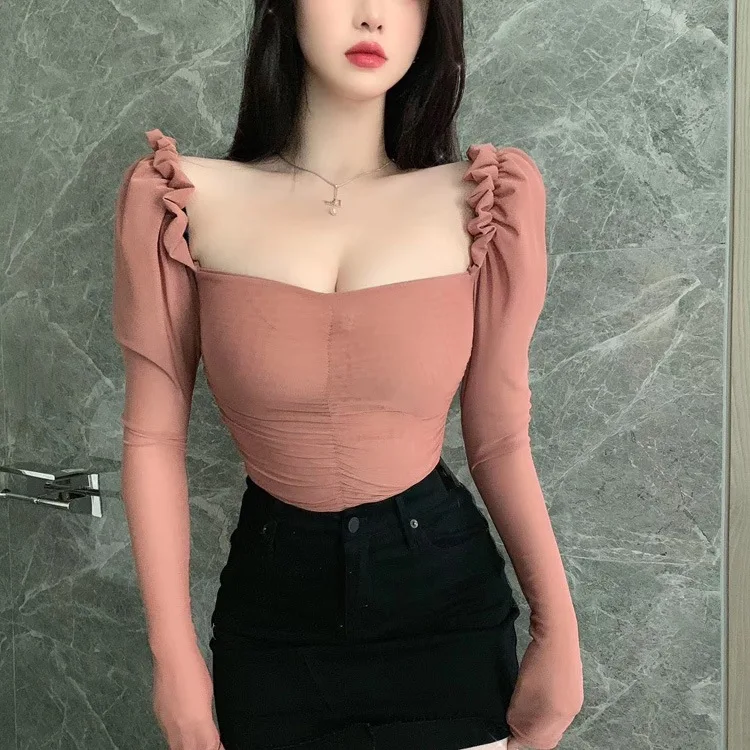 Весенняя французская нишевая ретро-футболка с квадратным вырезом и сетчатыми