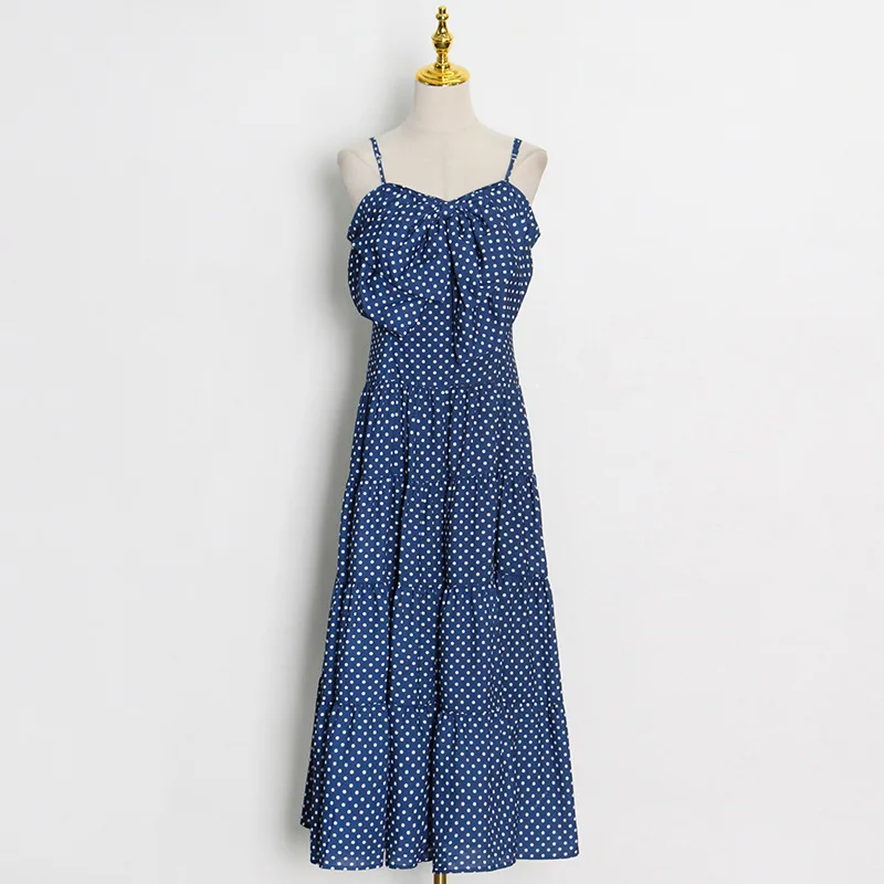 

Bow Decorate Spaghetti Women Dot Blue Long Sling Dress Sexy Strap High Waist Stitching 2022 New Female Strapless Midi Robe