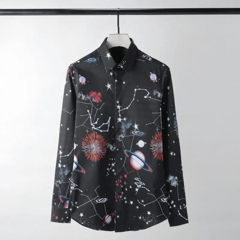 

Мужская приталенная рубашка Minglu, рубашка с цифровым принтом созвездий из 100% хлопка, с длинным рукавом, с цветным принтом