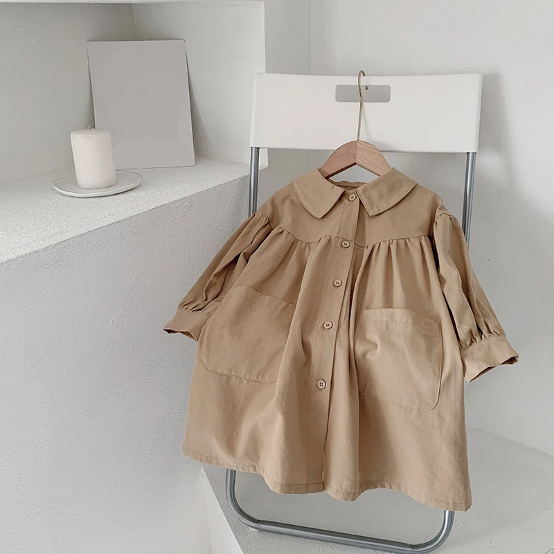 

2021 Autumn London Style Fashion Peter Pan Collar Children'S Casual Loose Baby Girl Jacket Pocket Windbreaker