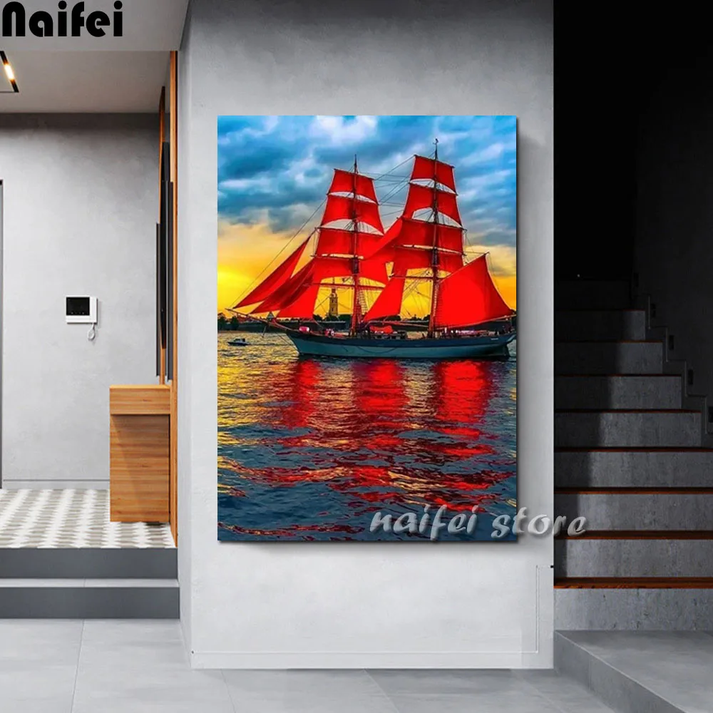 Алмазная Живопись Парусная лодка на море полноразмерная круглая картина стразы