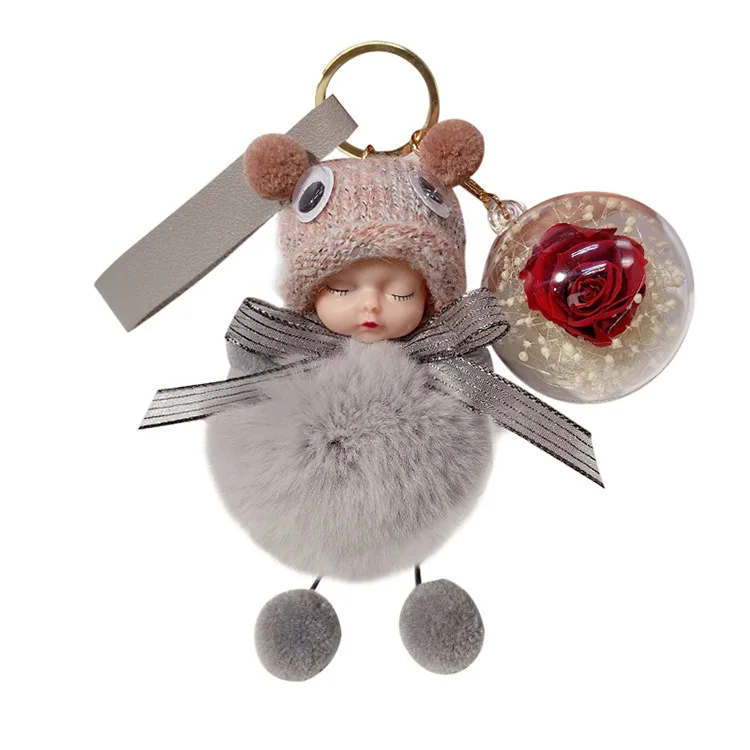 

Car Key Ring Female Ins Internet Celebrity Korean Cute Plush High-End Eternal Flower Pendant Key Chain Sleeping Doll