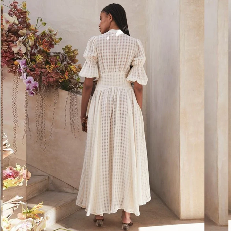 

White Summer Dress Women Deep V Collar Button Half Sleeve Casual Dresses See Through Plaid Sexy Midi Dress Streetwear 2021