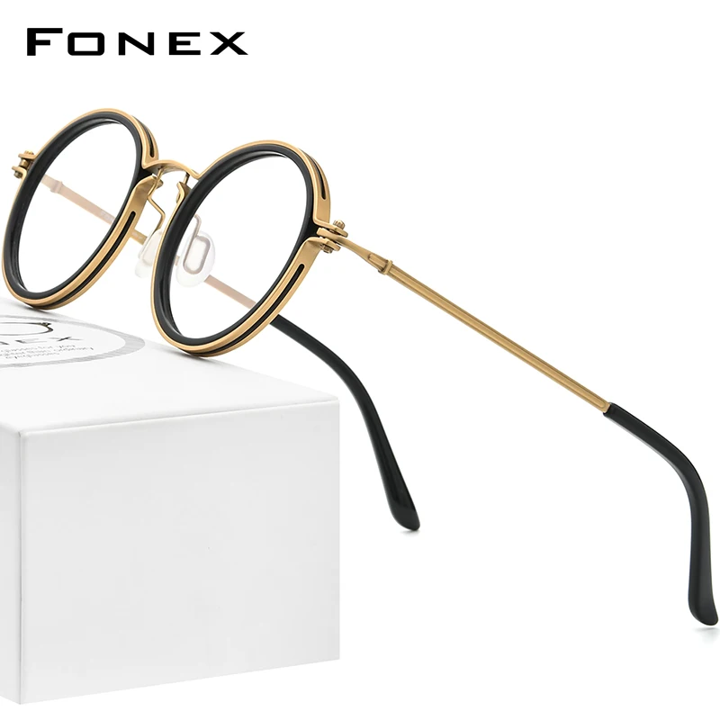 FONEX Acetate Titanium Glasses Frame Men Vintage Round Prescription Eyeglasses Women Optical Spectacles Korean Eyewear F85692