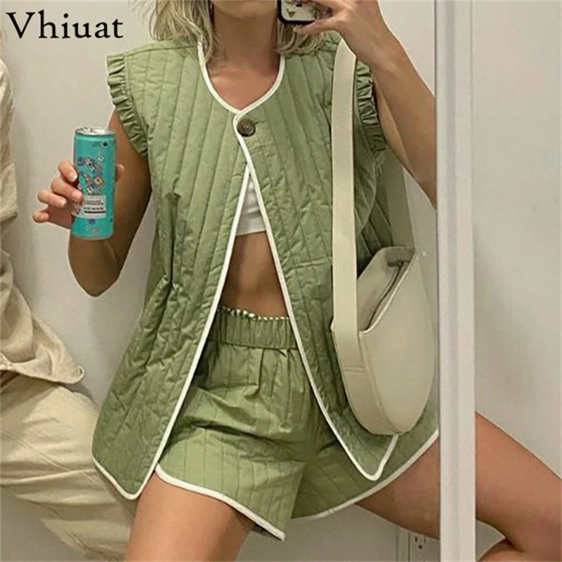 

Женский комплект из двух предметов Vhiuat, зеленый Повседневный теплый жилет без рукавов и шорты с высокой талией, Осень-зима 2021