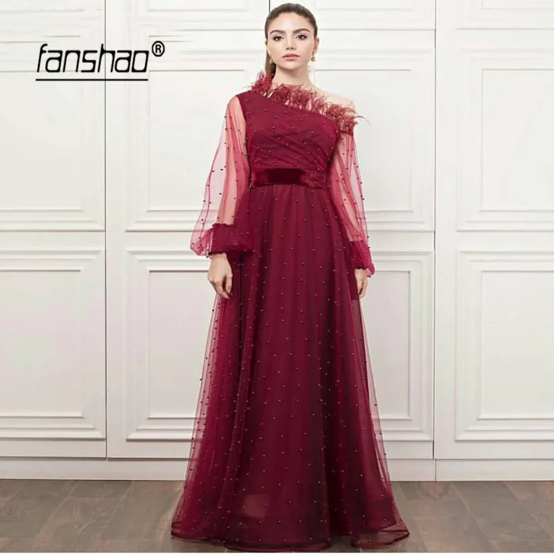 Бордовые мусульманские Вечерние платья жемчужные перья ислам Дубаи Саудовской