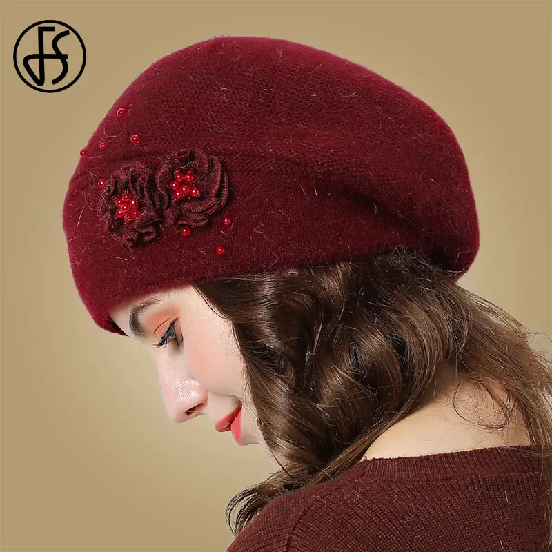 Женский вязаный берет из меха кролика FS теплый с большим цветком осенне зимний