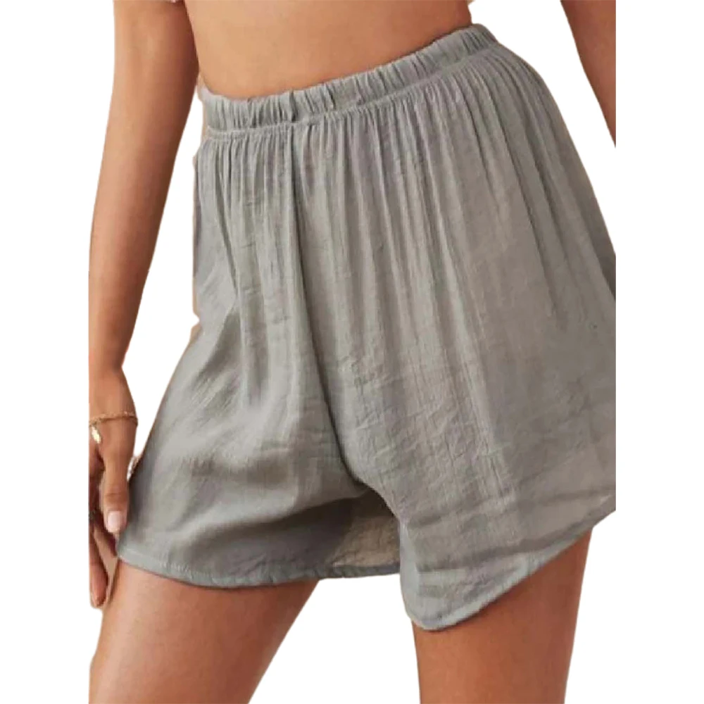 

Свободного кроя с эластичной резинкой на талии плиссированные короткие женские 2021 хлопковые льняные шорты для женщин однотонные штаны жен...