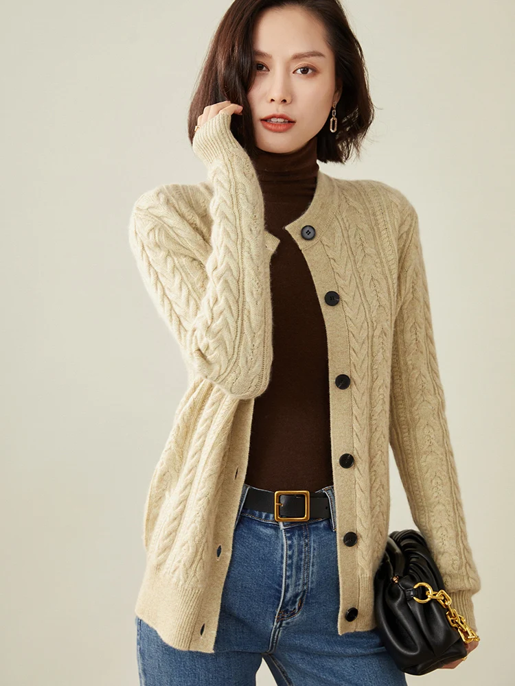 O-Neck Cardigans 100% Pure Cashmere Knitted Sweaters Female Jackets Winter 2021 New Long Sleeve for Woman Fashion Tops
